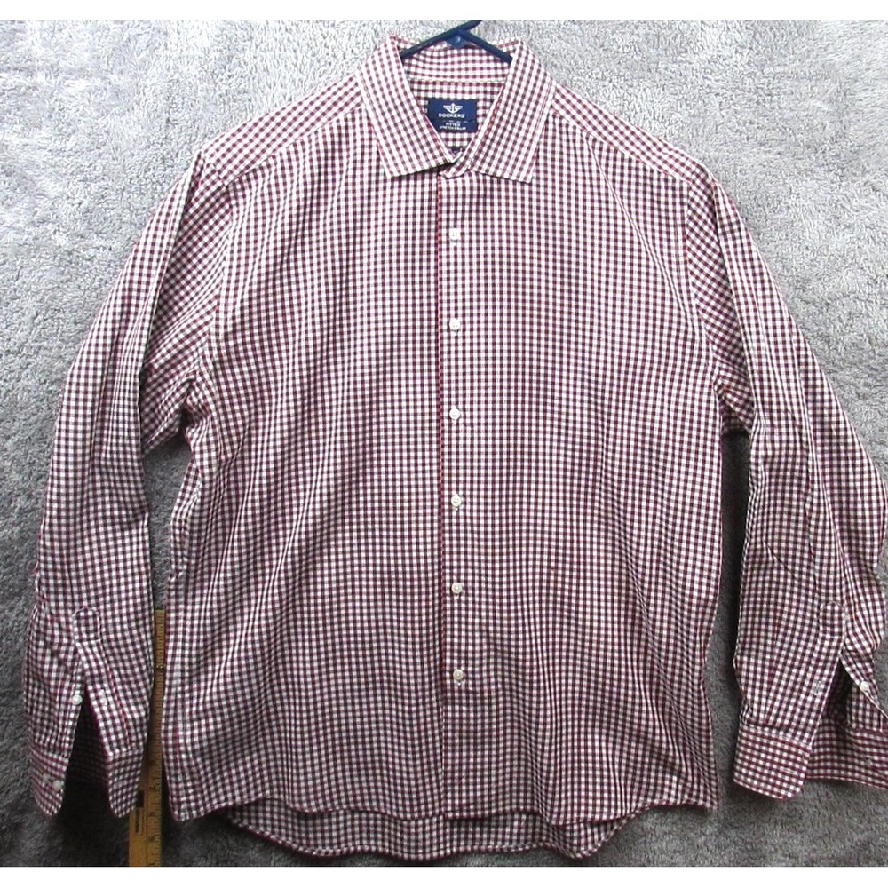Dockers Shirt Mens Large Red White Check‎ Fitted Stretch Collar Button Down